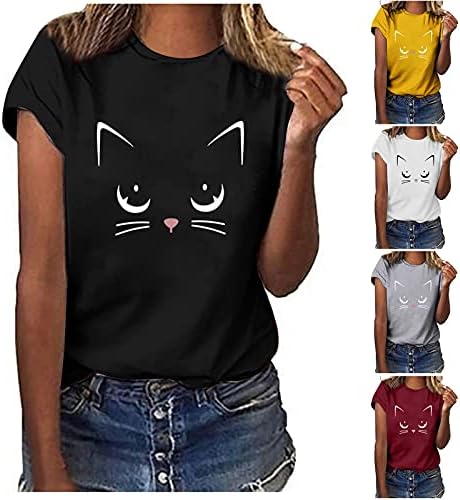 Дамски ризи с принтом котка, блузи с къс ръкав, ежедневни тениски с кръгло деколте, летни тениски за тренировки, блуза,