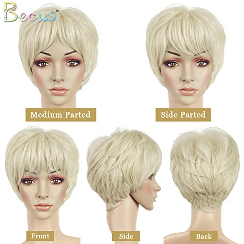 BECUS Кратък светла перука за жени, светла перука Pixie за жени, синтетични перука с къса коса за ежедневна cosplay (platinum blond)