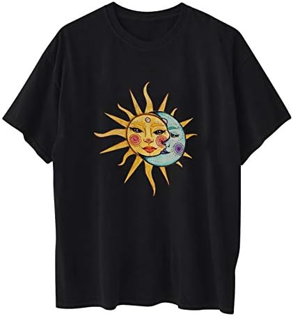 Жените Риза Оверсайз, Ежедневни Блузи с Кръгло деколте и Къс ръкав с Принтом на Слънцето и Луната, Свободна Удобна Тениска, Блуза
