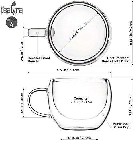 Tealyra - UNIVERSE на 8 унции - Комплект от 4 чаши с двойни стени и дръжка За Espresso кафе - Чай - Капучино - Прозрачни чаши - Термостойкая изолация - Спестява топли напитки - 230 мл
