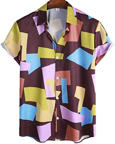 Recyphi Мъжка Риза С Геометричен Цветен Блок и Принтом Копчета, Лятна Хавайска Риза С Къс Ръкав, Вечерни, Плажни Ежедневни Ризи