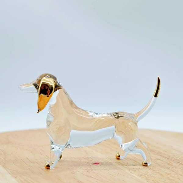 Бистра Статуетка от арт Стъкло, Ръчно изработени с покритие от 18-Каратово злато във формата на Куче, Дакел (Прозрачен Застояла)