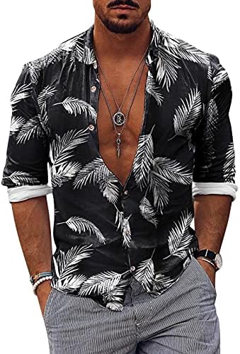 Мъжки хавайски ризи BEUU, Есенно-летни мъжки ризи с копчета с принтом листа в стил бохо, Ежедневни, Плажни ризи Свободно,