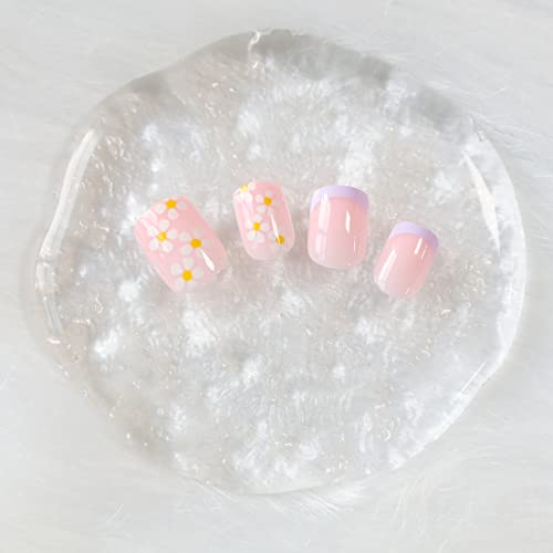 FURUBETA Press on Nails Къси квадратни френски режийни ноктите с пълно покритие Розови акрилни нокти за жени и момичета,