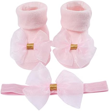 Пешеходни чорапи за малки момичета, Чорапи с мека подметка, Чорапи за деца, Чорапи принцеса с лък, Чорапи на пода + Лента за коса (Розово, 0-3 месеца)