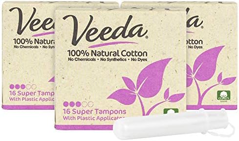 Компактни Тампони-Апликатори Veeda от естествен памук без Бисфенол А, не съдържа токсини и пестициди, 3 кутии