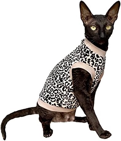 Памучен Стрейчевая тениска Kotomoda Hairless Cat ' s от органичен велур Бяла Леопард за котки-Сфинксове