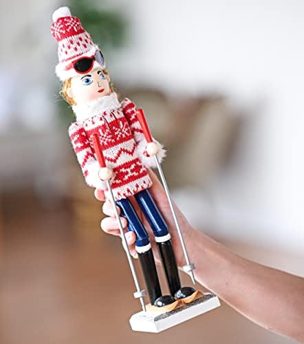 Декоративна Коледна Жена-Скиор Лешникотрошачката – Червено-бяла Дървена Жена-Лешникотрошачката в Уродливом Пуловер