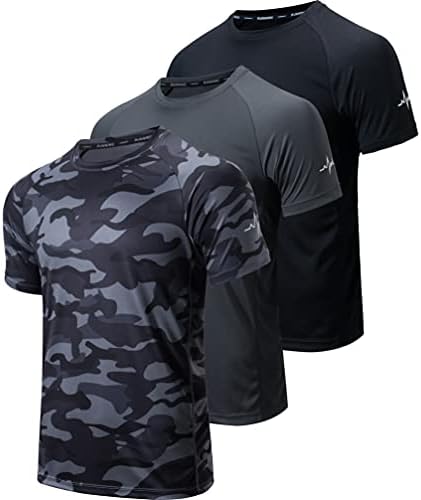 Мъжки Тренировочная Риза WanNiu от 3 опаковки Dry Fit Атлетик Фитнес С Къс ръкав, Mesh, Отводящая Влагата, Черно и Сиво Камуфляжный цвят, X-Large