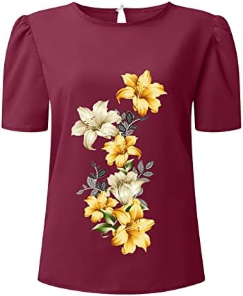 Компресия ризи за жени с дълъг ръкав, дамски тениски с кръгло деколте и цветисти принтом, къс ръкав