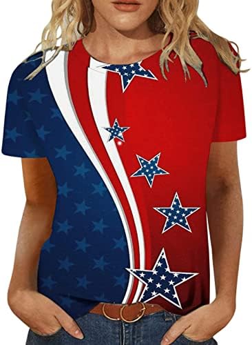 Тениска на 4 юли, Дамски Тениски с Флага на сащ, Къс ръкав, Деколте Устата, Ден на Независимостта на САЩ, Патриотични