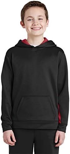 Пуловер с качулка отвътре Sport-Tek за момчета в цветна лента, Черно / Тъмно-Червен, Малък