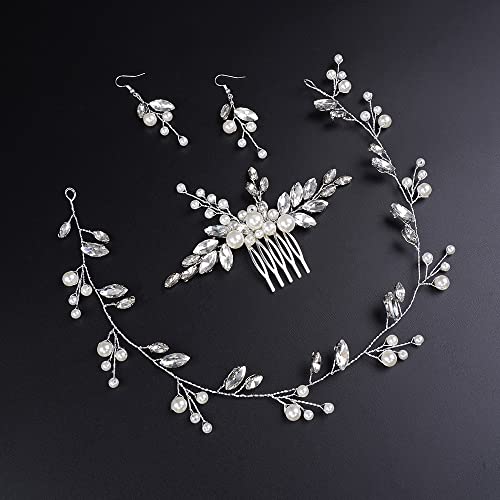 Комплект обици-ободков BERYUAN с перли и кристали за младоженци жени и момичета, прекрасни сватбени аксесоари за коса (silver)