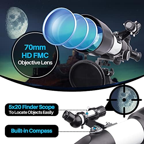 Телескоп BEBANG за възрастни и деца - Рефракторный телескоп с отвор 70 мм и 400 мм за начинаещи астрономи, 3 въртящи се фокусиращ, лесно приспособима
