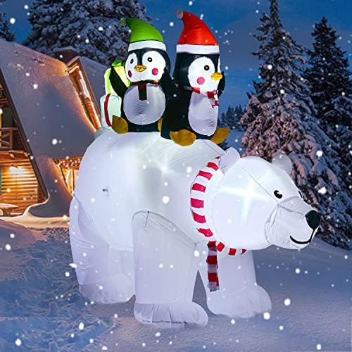 DearHouse 7-Крак Надуваем Коледен Бяла мечка с Пингвин и подарък, 5 led Светлини, Коледен Празник, Взривоопасна
