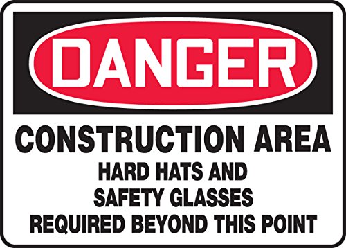 Пластичен знак Accuform MPPE140VP извън опасната строителна зона се Изисква шлемове и защитни очила, с Дължина 10 инча x Широчина x 14 инча Дебелина били 0,055 инча, червено / Черн