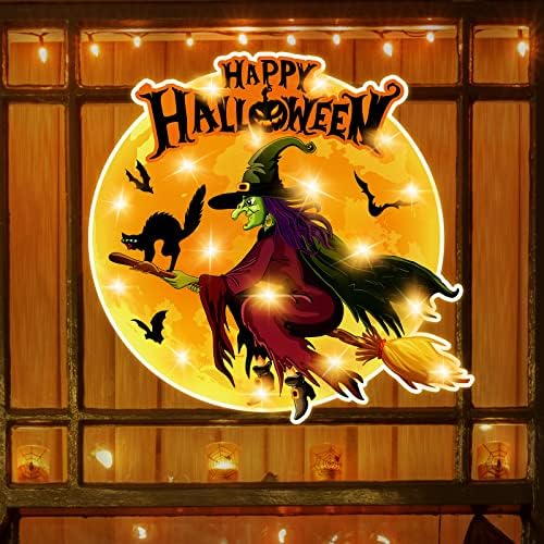 Хелоуин Осветен Силует на Прозореца Украса Светещ Вещица на Метла Пълната Луна Щастлива Парти в чест на Хелоуин Украса за Вътрешно
