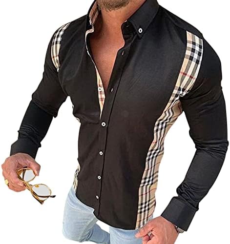 Maiyifu-GJ Мъжки Каре риза в стил мозайка с дълъг ръкав, Ежедневни ризи с копчета с отложным яка, Бизнес риза, Топ (черен, 3 размера)
