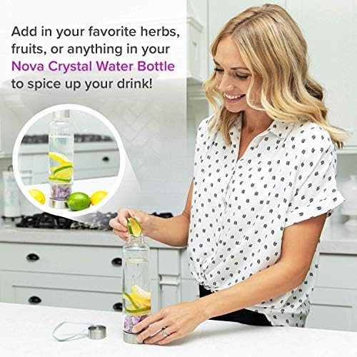 Бутилка за вода Nova Crystal Еликсир с ценен камък – От Здравния стъкло и неръждаема Стомана, с защитен калъф и подвижна