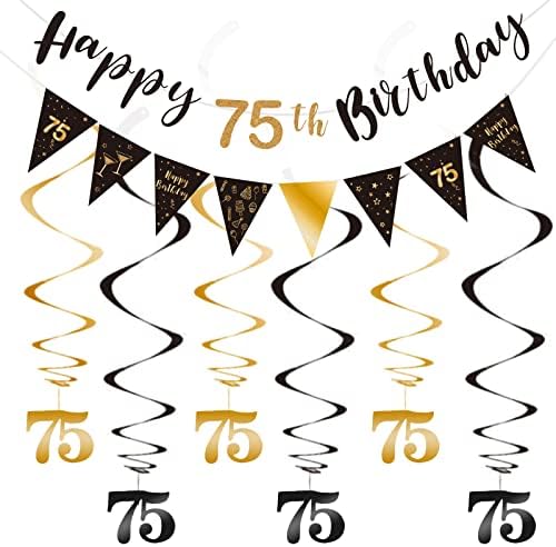 Комплект Накити в 75-ти Рожден Ден, Банер с Надпис Happy 75th Birthday, Банери с Swirls, Триъгълен Флаг, Банер за Украса на Парти по случай рождения Ден, в Черно и Златно на 75-та
