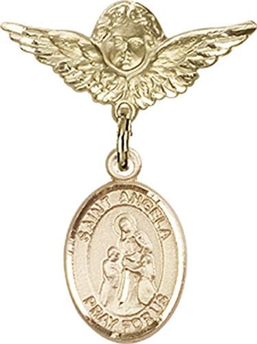 Детски икона Jewels Мания за талисман на Свети Анджела Меричи и пин Ангел с крила | Детски икона от 14-каратово злато