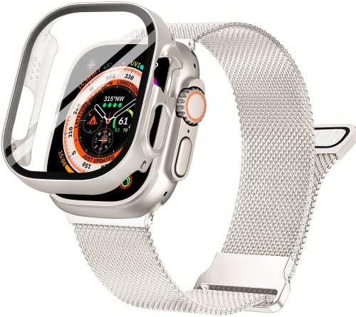 Магнитен каишка Ultra Band с калъф е съвместим с Apple Watch Ultra Band 49 мм и корпус, решетка от неръждаема стомана Milanese,
