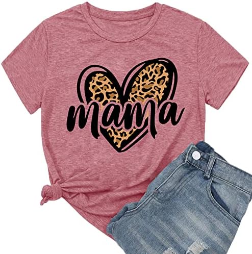 Мама Тениска За Жени Забавен Леопард Сърцето На Графичен Къс Ръкав За Момчета Мама Тениска С Писмото Принтом Върховете
