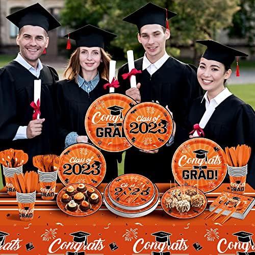 Оранжево-Черни Аксесоари за абитуриентски партита 2023 (Подаване 24) Набор от съдове за еднократна употреба Поздравявам