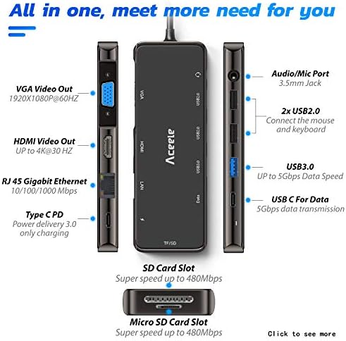 Хъб Aceele 11 в 1 USB C, 3 USB порта, 4K, HDMI, VGA, 2 USB порта-C, конектор 3.5 мм, локална мрежа, четец на карти TF/ SD