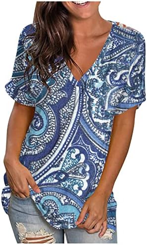 Дамски Блузи Класически Намаляване с къс ръкав, Скъпа Струящаяся Тениска С V-образно деколте, Еластичен Полловер С Флорални