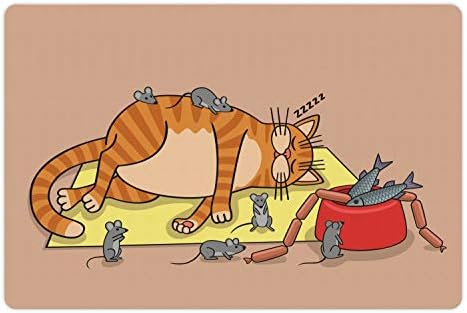 Подложка за котки и Мишки Ambesonne за храна и вода, Цветна Мультяшное изображение на Голяма Мързелив Животно