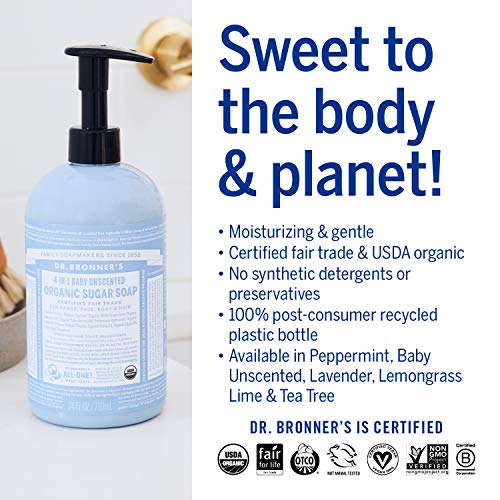 Подаръчен комплект Dr. Bronner's Baby без мирис - Течен сапун от чиста Кастилска и Барове, Органичен Вълшебен балсам и Органични