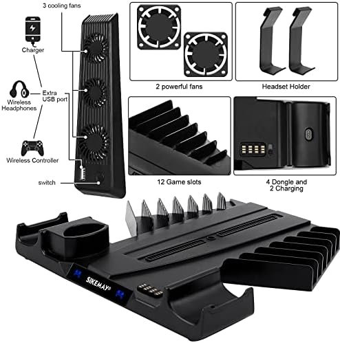 Охлаждаща поставка за PS5 с аксесоари за зарядно устройство контролер и държач за слушалки, Двоен вентилатор-интеркулер