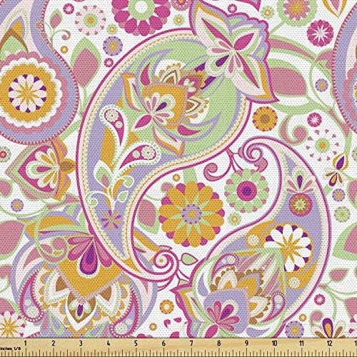 Ярдовая плат Ambesonne с петна Пейсли, Елементи в традиционен стил, Цветна Композиция с Флорални Принтом, Декоративна тъкан