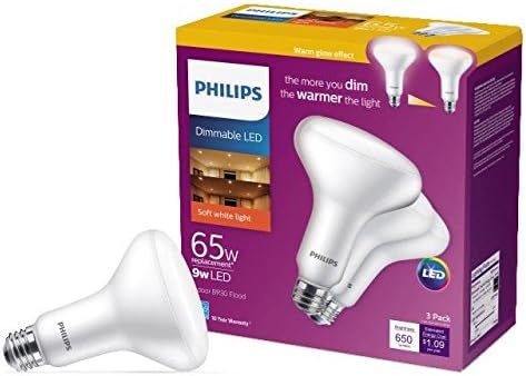 Philips LED Матиран за помещения BR30, Ефект топла светлина, с регулируема яркост, 650 Лумена, 2700-2200 До, Меко бял, 7,2 W = 65 W, База E26, 6 бр. в опаковка