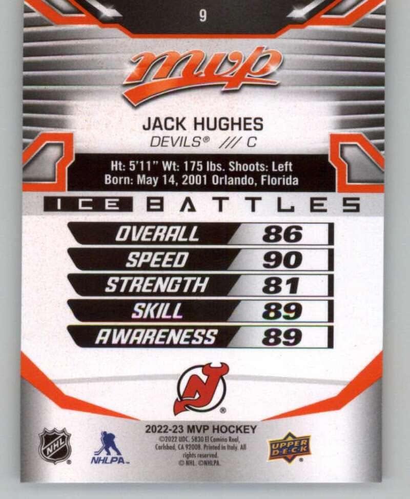 2022-23 MVP ледени битки на горната палуба на 9 Джак Хюз Ню Джърси Дэвилз Хокейна карта НХЛ