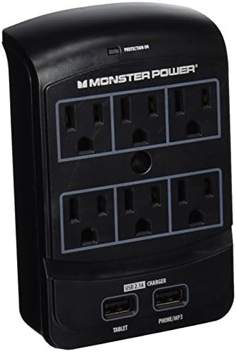 Monster Power - Домашен офис 650 USB, 6 контакти и 2 USB порта, монтиране на стена, 1080 Джоулей, технология на пожароустойчивост
