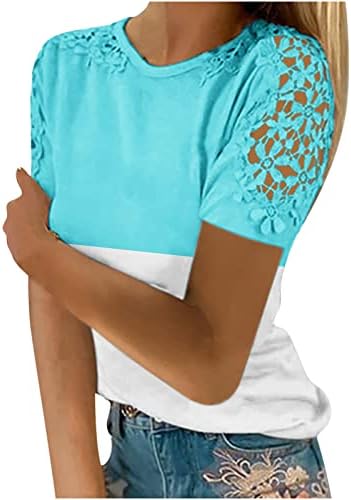 Блузи Свободно Намаляване с Цветен Блок за момичета, Блуза с кръгло деколте, Дантелени Блузи с Къс ръкав и Кружевными