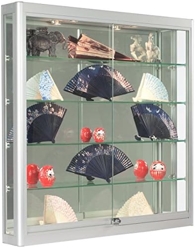 Стенен Стъклен шкаф за съхранение на Displays2go, Рафтове от закалено стъкло, Сребристо–алуминиев (WC396LEDS)