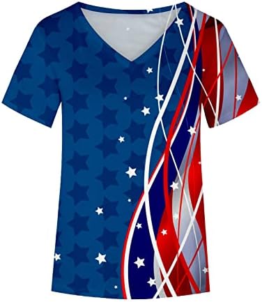 Горната Риза за Момичета Лято-Есен 2023, Памучен Блуза с Къс Ръкав Vneck, Американското Знаме, Звездите, Ежедневна