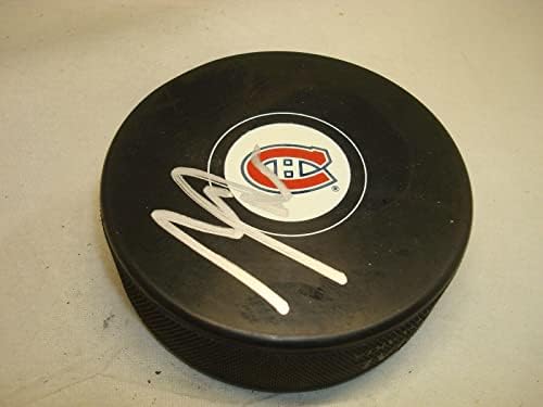 Марк Бержевен подписа хокей шайба Монреал Канадиенс с автограф от 1B - за Миене на НХЛ с автограф