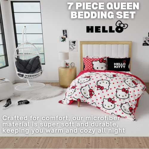 Спално бельо Nina Sanrio Здравейте Кити в Грах, Комплект от 7 теми, Супер Меко Одеало и Чаршаф с Надпис Sham, Queen, (