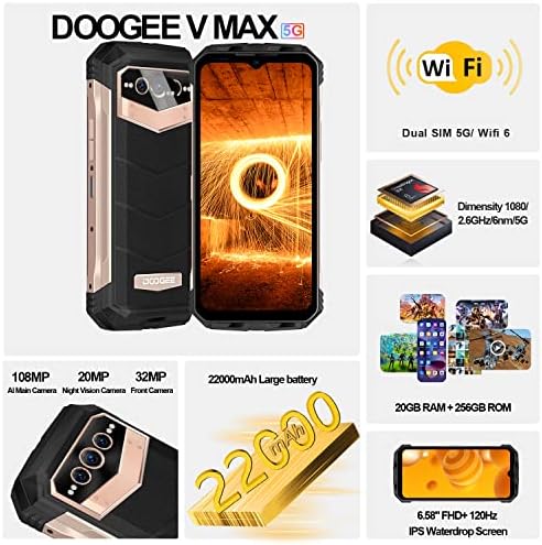 DOOGEE V MAX (2023) Трайно смартфон с поддръжка на 5G, отключени Android 12 с честота 120 Hz 6,58, трайни мобилен телефон