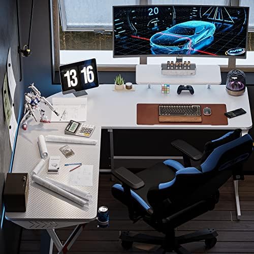 Игрална маса MOTPK White L-образна форма, Игри на маса Gamer Desk с текстура от Въглеродни влакна, кът бюро за Компютър L-образна форма с Поставка за монитор, Подстаканником и п