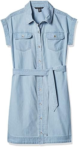 Рокля-риза от деним Calvin Klein за момичета с къс ръкав, цвят Chambre и Тъмен Деним, Chambre, 12-14