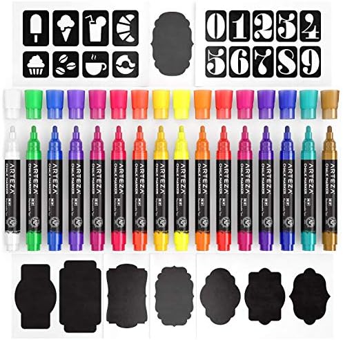 Набор от маркери ARTEZA за рисуване с течен тебешир от 16 парчета (16 в Ярки цветове, 16 Сменяеми дюзи, Пинсети, 50 Стикери, 2 Шаблон), За черната дъска, Без прах, Маркери на во?