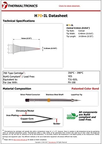 Thermaltronics H70-IL Тънки 0.4 mm (0,016 инча), взаимозаменяемый за Hakko T31-02IL