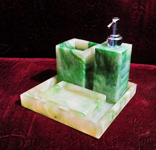 Комплект за Баня от Полимер мрамор с Притежателя на Четки за зъби, сапун кутия, Опаковка, Тава (Зелен)