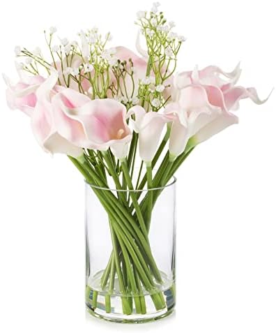 Изкуствени Цветя ENOVA с ФЛОРАЛНИ Каллами в Стъклена Ваза, Смесени Изкуствени цветя Реал Touch Бебетата Дъх и Изкуствени Цветя Lilies с Изкуствена Вода във Ваза за декор на