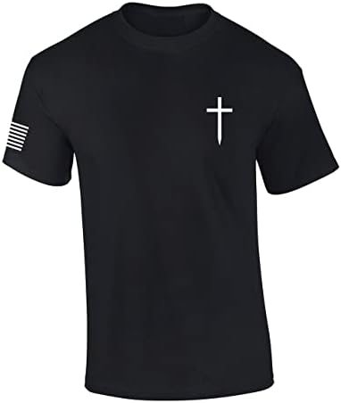 Мъжки Християнска Риза Faith Cross Герб Тениска с ръкав Американски флаг, Графична Тениска